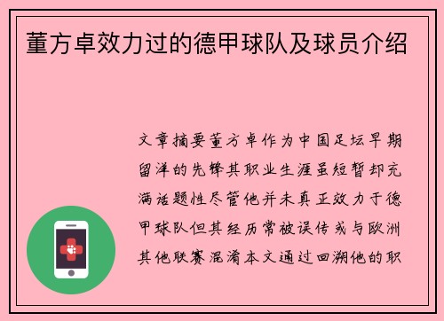 董方卓效力过的德甲球队及球员介绍
