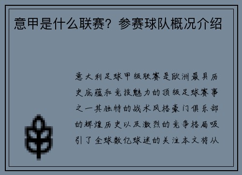 意甲是什么联赛？参赛球队概况介绍