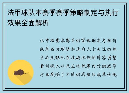 法甲球队本赛季赛季策略制定与执行效果全面解析